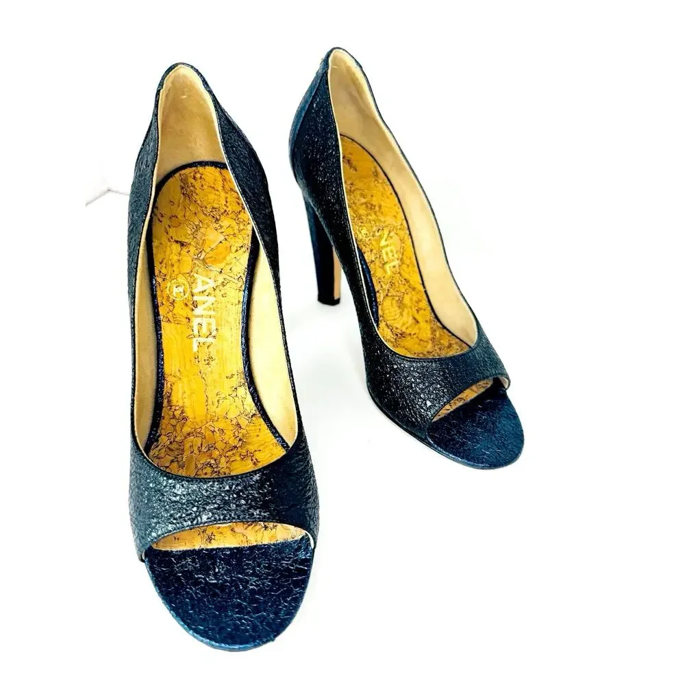 Chanel 2012 Metallic Navy CC Logo Embossed Peep Toe Heels EU 36